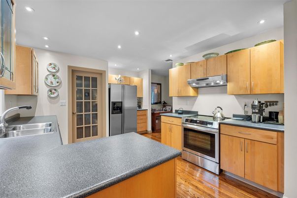 Interior, Kitchen, Recessed Lighting, Stainless Steel Appliances, Wood Texture Flooring