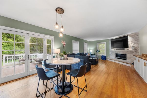 Dining room, Fireplace, Interior, Living room, Pendant Lights, Wood Texture Flooring