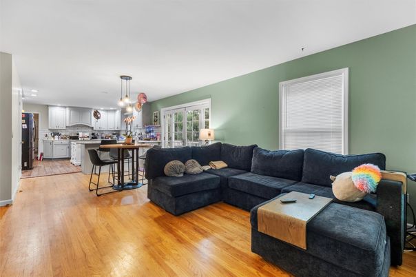 Interior, Kitchen, Living room, Pendant Lights, Recessed Lighting, Wood Texture Flooring