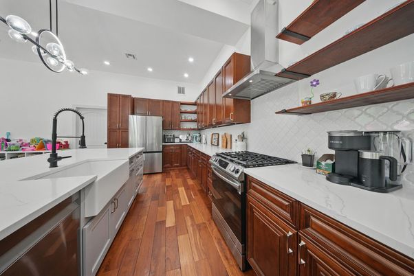 Interior, Kitchen, Recessed Lighting, Stainless Steel Appliances, Wood Texture Flooring