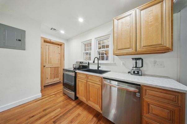 Interior, Kitchen, Recessed Lighting, Stainless Steel Appliances, Wood Texture Flooring