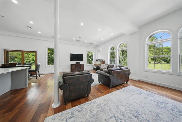 Dining room, Interior, Living room, Recessed Lighting, Wood Texture Flooring