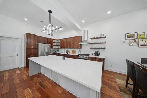 Interior, Kitchen, Pendant Lights, Recessed Lighting, Stainless Steel Appliances, Wood Texture Flooring
