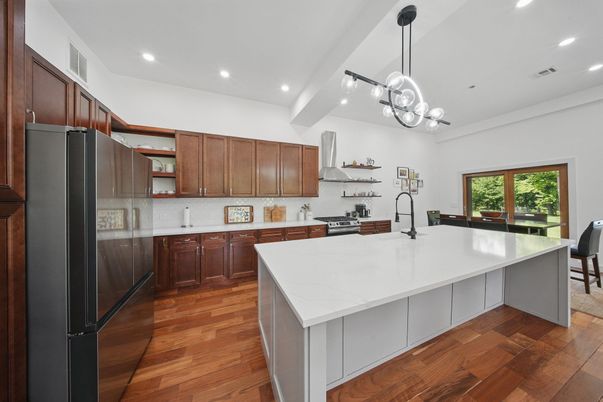Interior, Kitchen, Pendant Lights, Recessed Lighting, Wood Texture Flooring