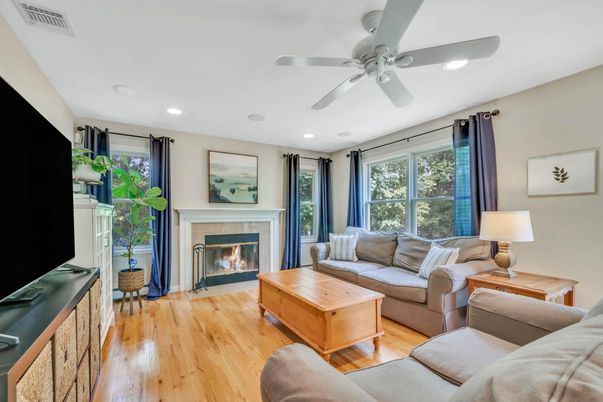 Fireplace, Interior, Living room, Recessed Lighting, Wood Texture Flooring