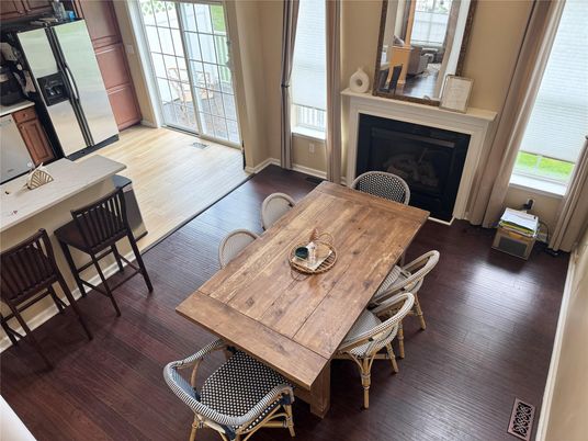 Dining room, Fireplace, Interior, Wood Texture Flooring
