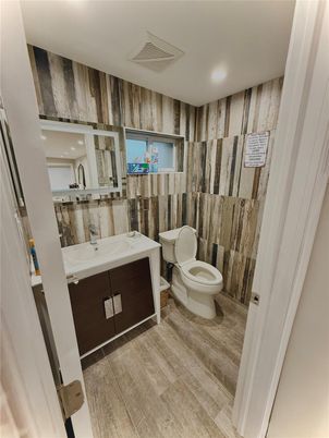 Bathroom, Interior, Recessed Lighting, Wood Texture Flooring, Wooden Walls