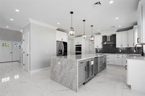Interior, Kitchen, Marble, Pendant Lights, Recessed Lighting, Stainless Steel Appliances