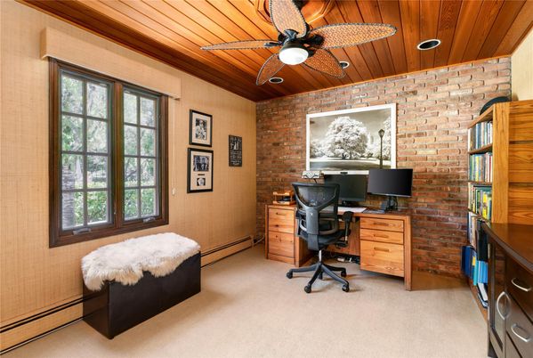 Home Office, Interior, Recessed Lighting, Stone Walls, Wooden Ceilings