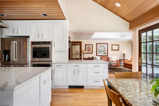Interior, Kitchen, Living room, Recessed Lighting, Stainless Steel Appliances, Wooden Ceilings, Wood Texture Flooring