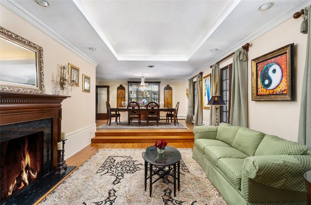 Chandelier, Dining room, Fireplace, Interior, Living room, Wood Texture Flooring