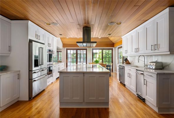Interior, Kitchen, Recessed Lighting, Stainless Steel Appliances, Wooden Ceilings, Wood Texture Flooring