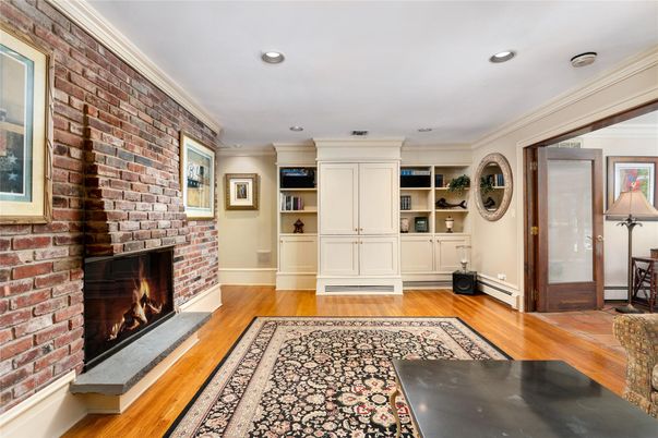 Fireplace, Interior, Recessed Lighting, Stone Walls, Wood Texture Flooring