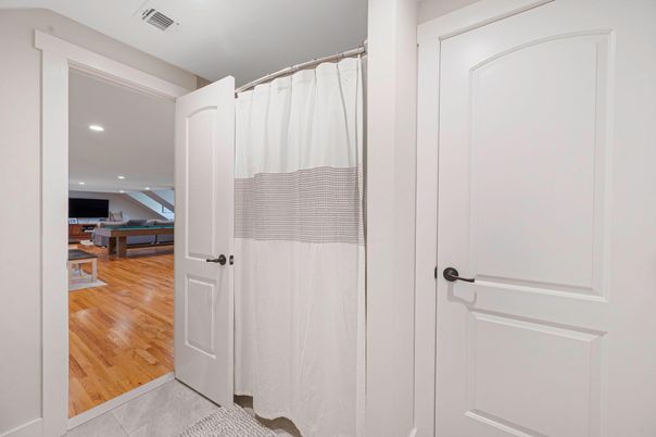 Bathroom, Interior, Recessed Lighting, Wood Texture Flooring
