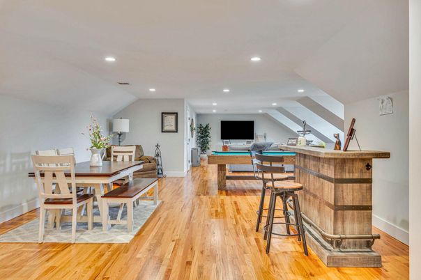 Billiard Table, Dining room, Game Room, Interior, Recessed Lighting, Wood Texture Flooring