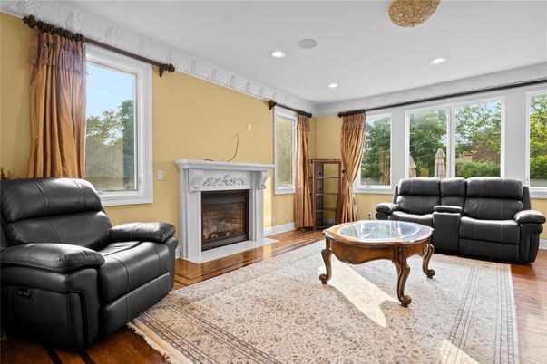 Fireplace, Interior, Living room, Recessed Lighting, Wood Texture Flooring