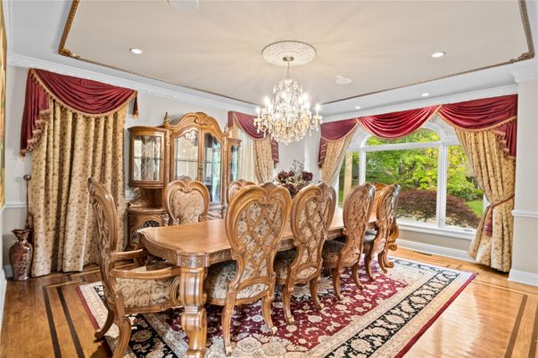 Chandelier, Dining room, Interior, Recessed Lighting, Wood Texture Flooring