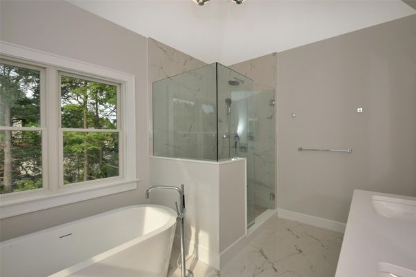 Bathroom, Free Standing Baths, Glass Shower, Interior, Marble, Marble Walls