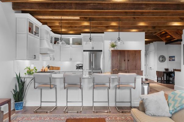 Interior, Kitchen, Pendant Lights, Stainless Steel Appliances, Wooden Beams, Wooden Ceilings, Wood Texture Flooring