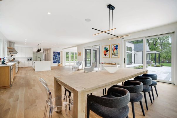 Dining room, Interior, Kitchen, Pendant Lights, Recessed Lighting, Wood Texture Flooring