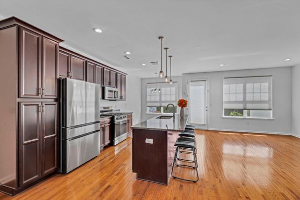 Interior, Kitchen, Pendant Lights, Recessed Lighting, Stainless Steel Appliances, Wood Texture Flooring