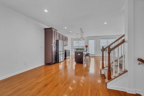 Dining room, Interior, Kitchen, Pendant Lights, Recessed Lighting, Wood Texture Flooring