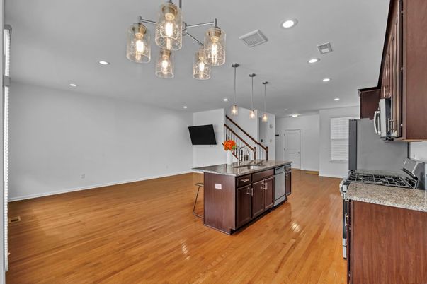 Interior, Kitchen, Pendant Lights, Recessed Lighting, Wood Texture Flooring