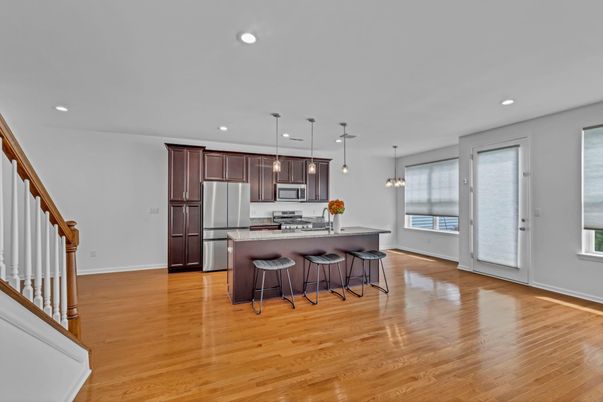 Interior, Kitchen, Pendant Lights, Recessed Lighting, Stainless Steel Appliances, Wood Texture Flooring