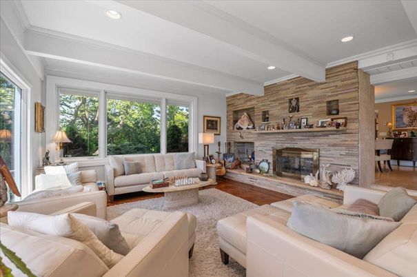 Fireplace, Interior, Living room, Recessed Lighting, Stone Walls, Wood Texture Flooring, Wooden Walls