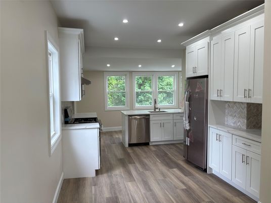 Interior, Kitchen, Recessed Lighting, Stainless Steel Appliances, Wood Texture Flooring