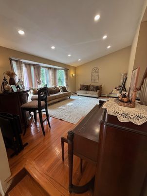 Dining room, Interior, Living room, Recessed Lighting, Wood Texture Flooring