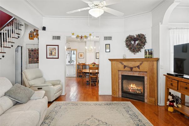 Chandelier, Dining room, Fireplace, Interior, Living room, Wood Texture Flooring
