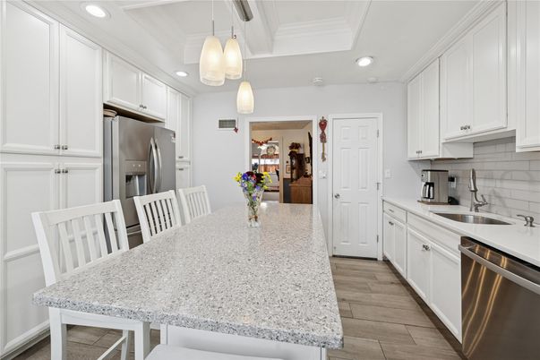 Interior, Kitchen, Pendant Lights, Recessed Lighting, Stainless Steel Appliances, Wood Texture Flooring