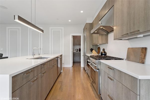 Interior, Kitchen, Pendant Lights, Recessed Lighting, Stainless Steel Appliances, Wood Texture Flooring