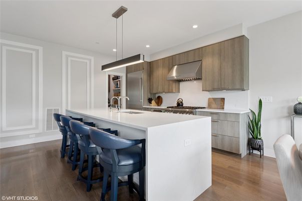 Interior, Kitchen, Pendant Lights, Recessed Lighting, Stainless Steel Appliances, Wood Texture Flooring