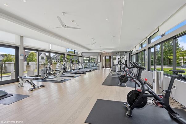 Fitness Equipment, Gym, Interior, Recessed Lighting, Wood Texture Flooring