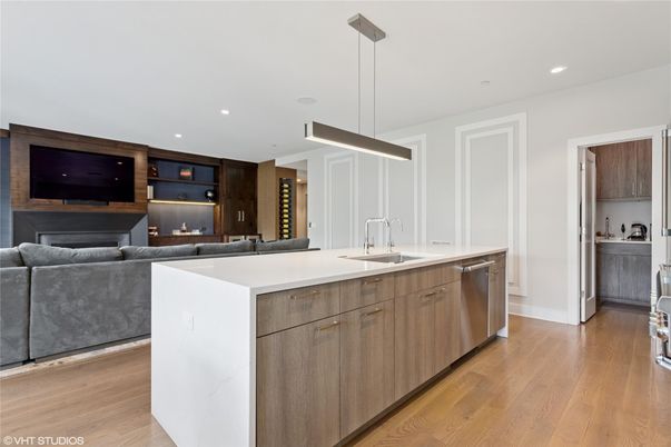 Fireplace, Interior, Kitchen, Living room, Pendant Lights, Recessed Lighting, Wood Texture Flooring