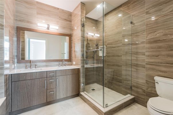 Bathroom, Glass Shower, Interior, Marble, Recessed Lighting