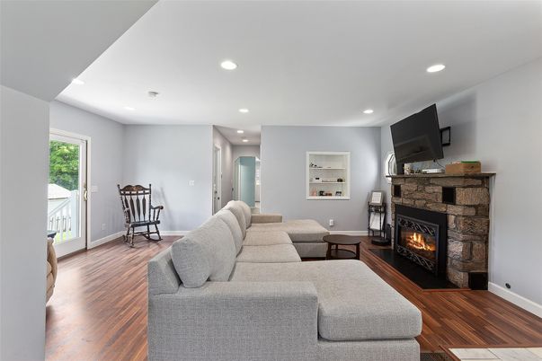 Fireplace, Interior, Living room, Recessed Lighting, Wood Texture Flooring