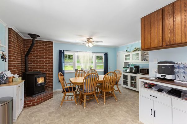 Dining room, Fireplace, Interior, Kitchen, Stone Walls