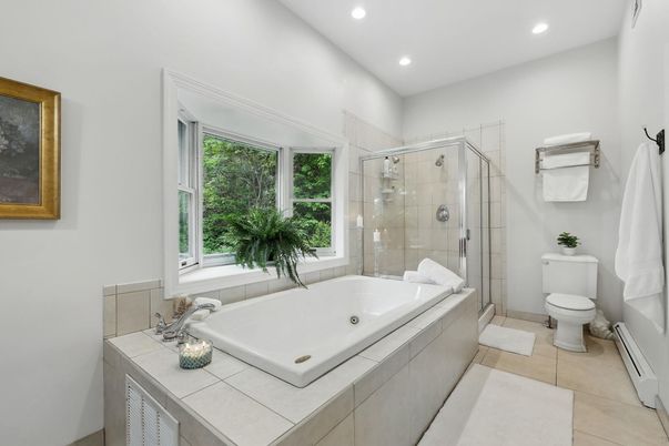 Bathroom, Glass Shower, Interior, Recessed Lighting, Tile Countertops