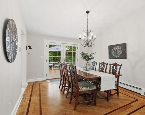 Chandelier, Dining room, Interior, Wood Texture Flooring