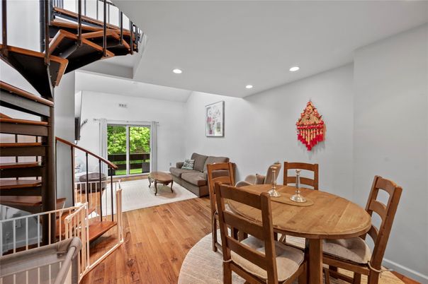 Dining room, Interior, Recessed Lighting, Wood Texture Flooring