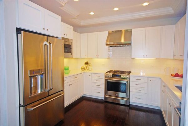 Interior, Kitchen, Recessed Lighting, Stainless Steel Appliances, Wood Texture Flooring