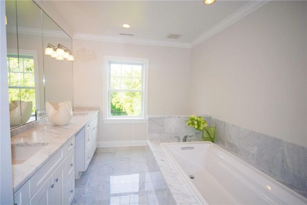 Bathroom, Dual Sink Vanities, Interior, Marble, Recessed Lighting