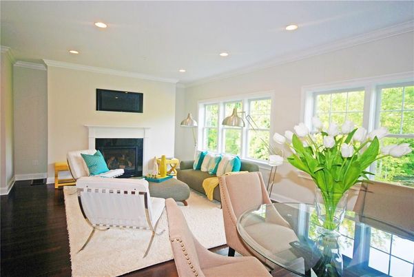 Dining room, Fireplace, Interior, Living room, Recessed Lighting, Wood Texture Flooring