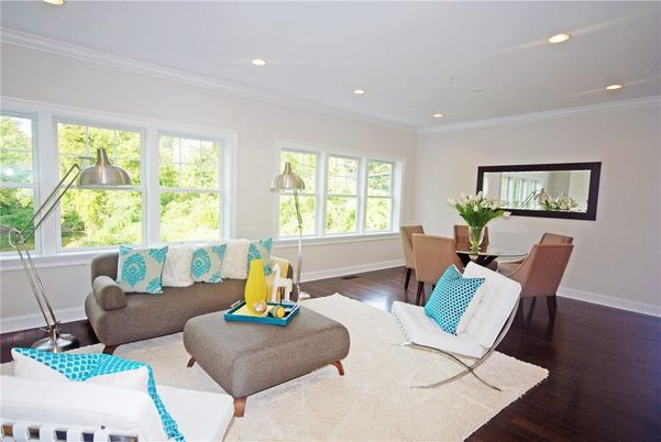 Dining room, Interior, Living room, Recessed Lighting, Wood Texture Flooring