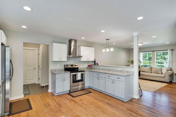 Interior, Kitchen, Pendant Lights, Recessed Lighting, Stainless Steel Appliances, Wood Texture Flooring