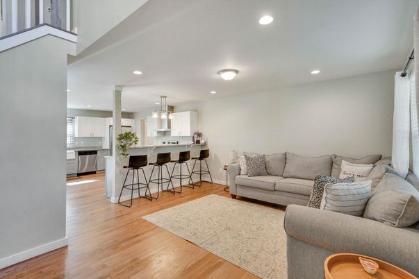 Interior, Kitchen, Living room, Pendant Lights, Recessed Lighting, Stainless Steel Appliances, Wood Texture Flooring