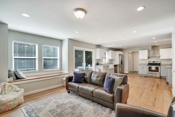 Interior, Kitchen, Living room, Recessed Lighting, Stainless Steel Appliances, Wood Texture Flooring